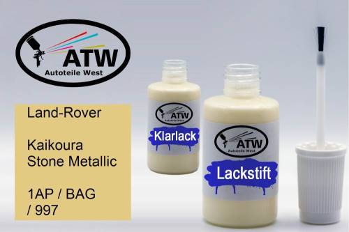 Land-Rover, Kaikoura Stone Metallic, 1AP / BAG / 997: 20ml Lackstift + 20ml Klarlack - Set, von ATW Autoteile West.